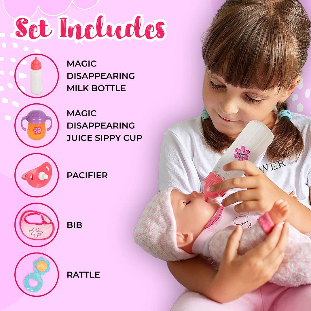 Mommy & Me Baby Doll Bottles with Disappearing Milk, Realistic Accessories, 5 Piece Baby Doll Feeding Set, Includes A Disappearing Magic Bottle, Sippy Cup, Bib and Pacifier