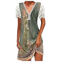 Women Lace Short Sleeve V Neck Trendy Print Mini Dress Summer Vintage Casual Tunic T-Shirt Dresses for Going Out