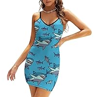 Sharks Women's Spaghetti Strap Dress Sexy Sleeveless V-Neck Dress Mini Bodycon Dresses