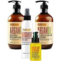 PURE NATURE Moroccan Argan Oil Shampoo and Conditioner Set and Moroccan Argsn Oil Heat Protectant Spray for Hair with Keratin and Moroccan Argan Oil Hair Serum with Biotin, Castor Oil, Rosemary Oil