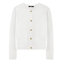 LILLUSORY Women's Crew Neck Gold Buttons Cardigan Sweaters Lady Jacket with Patch Pockets