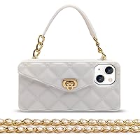 for iPhone 13 Handbag Case with Flip Card Holder Wrist Lanyard Strap Soft Silicone Cover for iPhone 13 Wallet Case for Women Luxury Stylish Long Pearl Crossbody Chain Case White