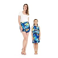 Matching Hawaiian Luau Mother Daughter Shorts Round Neck Ruffle Dress in Sunset Blue
