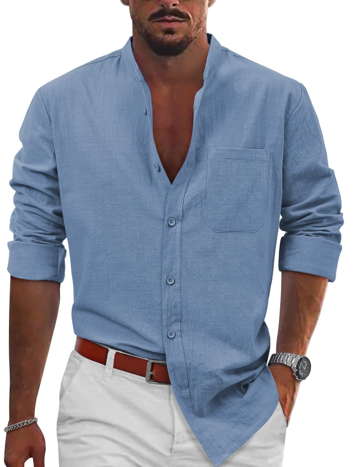 TUREFACE Mens Casual Long Sleeve Shirts Cotton Linen Button Down Regular Fit Beach Shirts