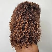 Highlight #4/27 Ombre Color Curly Short Bob Wigs with Curly Baby Hair 150% Density Pre Plucked 13x4 Lace Closure Wig Human Hair With Kinky Edges Hairline 13x4 Lace Front Wigs For Black Women 8 Inch