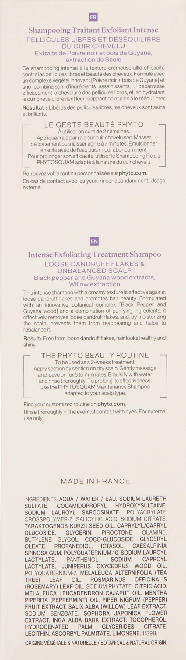 PHYTO Phytosquam Intense Exfoliating Dandruff Treatment Shampoo, 4.22 Fl Oz
