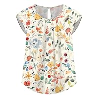 Womens Outfits Trendy Peplum Tops for Women 2024 Summer Casual Fashion Print Bohemian Loose Fit with Short Sleeve Round Neck Shirts Beige Small