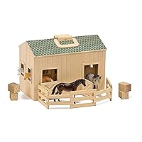 Melissa & Doug Fold and Go Wooden Horse Stable Dollhouse With Handle and Toy Horses (11 pcs) - Portable Horse Barn Play Set, Toy Horse Figures For Kids 3+