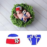 Infant Football Photography Props Crochet Costume Outfits Red Hat+Blue Soccer Outfit for 0-3 Months Newborn Baby Boy Girl