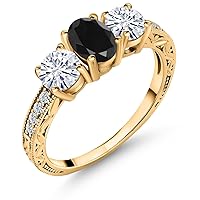 Gem Stone King 18K Yellow Gold Plated Silver 3-Stone Ring Oval Black Sapphire and Moissanite (2.22 Cttw)