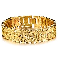 Unisex Jewelry 18K Gold Plated Wide Cuff Bangle Craved Flower Link Chain Bracelet 8 2/8 Inch