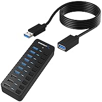 60W 10 Port USB 3.0 Hub Includes 3 Smart Charging Ports with Individual Power Switches and LEDs and 60W 12V/5A Power Adapter+USB 3.0 Extension Cable A Male to A Female [Black] 3 Feet
