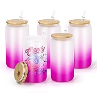 AGH 16oz Frosted Sublimation Glass Cups with Bamboo Lids and Straws, 5 Pcs Beer Can Glass Straight Sublimation Glass Tumbler, BPA-Free Glass Coffee Cups, Can Shaped Glass Cups - Gradient Rose