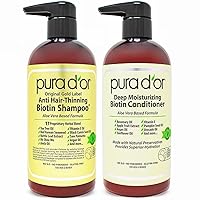 PURA D'OR Anti-Thinning Biotin Hair Regrowth Shampoo & bonus Conditioner 15.9 Fl oz x 2 Natural Earth Scent, Clinically Tested Proven Results, DHT Blocker Thickening Products Women & Men