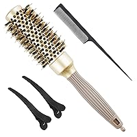 Round Brush for Blow Drying, Round Hair Brush with Boar Bristles, Nano Thermal Ceramic & Ionic Tech, Hair Large Round Barrel Brush for Styling, Curling, Add Volume & Shine 2.4 inch +2 Clips +1 Comb