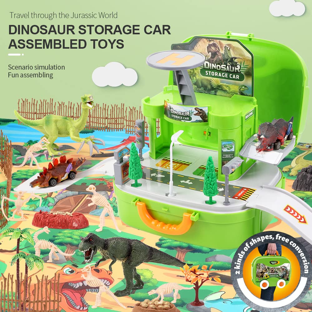 Dinosaur Toys Set for Kids ,POPQEEN Dinosaur Figures Playset with Activity Play Mat ,Storage Car Assembled Toys，Perfect Christmas Birthday Gifts for 4 5 6 7 8 Year Old Kids, Boys & Girls
