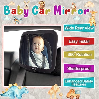 Baby Car Mirror Rear Facing Baby Essentials 100% Shatterproof Safest Clear View 360° Adjustable to All Seats and Ages Crash Tested Fully Assembled