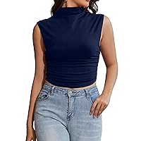 MISSACTIVER Women Solid Turtleneck Ruched Crop Tank Top High Collar Sleeveless Slim Fit Basic Csual Cropped Cami Shirt