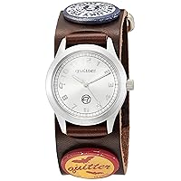 Quitter QTW003-BR Watch, Brown, Dial Color - Silver, Genuine Cowhide Leather Watch Genuine Cowhide Oil Leather Vintage Craft Bi-Hole