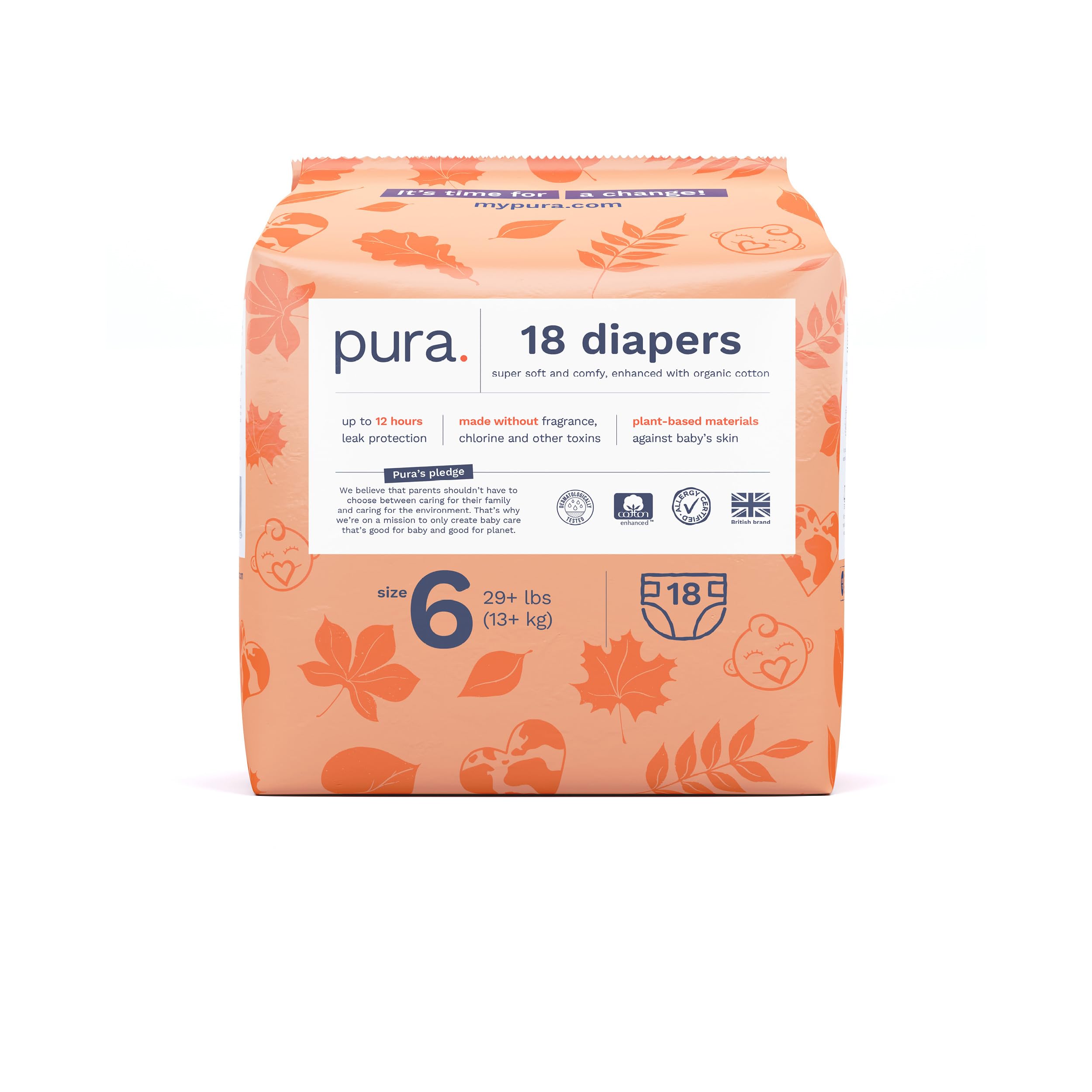 Pura Size 6 Eco-Friendly Diapers (29+lbs) Hypoallergenic, Soft Organic Cotton Comfort, Sustainable, up to 12 Hours Leak Protection, Allergy UK, Recyclable Paper Packaging 1 Pack of 18 Diapers