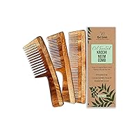 Green Velly Nat Habit Kacchi Neem Comb, Wooden Comb | Hair Growth, Hairfall, Dandruff Control | Hair Straightening, Frizz Control | Comb for Men, Women | Treated with Neem Oil, (Dual + Wide + Fine Combo)