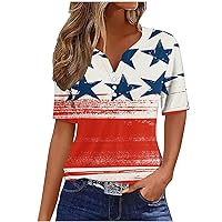 Patriotic Tops for Women Short Sleeve V Neck Henley Shirts Summer Dressy Button Up T-Shirt USA Print Basic Pullover