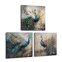 Peacock Stretched Canvas Wall Art for Bathoom Bedroom Home Decoration, Beautiful Colorful Elegant Proud Peacock Animal Picture Print Artwork Painting Decor, Inner Frame 12x12 Inches x3p