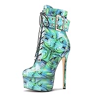Aachcol Womens Stiletto High Heel Platform Ankle Boots Round Toe Lace-up Zipper Mid Calf Buckle Patent Leather Dress Booties
