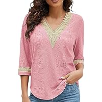 Womens Fashion V Neck Tops Trendy Lace Patchwork Neck 3/4 Sleeve Shirts Clothes Loose Fit Blouses Clothing Pink X-Large Three Quarter Sleeve Tops