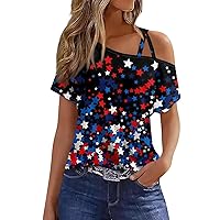 Sexy Patriotic Tops for Women Off Shoulder Independence Day Shirts Summer Short Sleeve Flag Printed Loose Fit Blouse