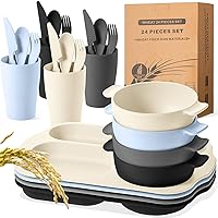 Honoson 24 Pcs Wheat Straw Dinnerware Cutlery Set Including Kids Toddlers Divided Plates Microwave Dishwasher Safe Bowl Unbreakable Tableware Straw Cutlery Spoon Knife Fork Cup (Vivid Color)