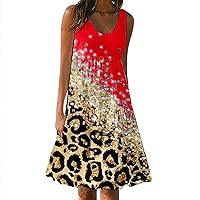 Leopard Print Color Block Casual Dresses for Women Scoop Neck Sleeveless Tank Dress Summer Pleated Flowy Mini Dress Sundress
