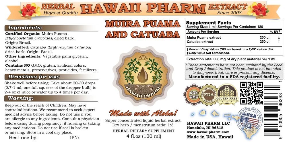 HawaiiPharm Muira Puama and Catuaba Liquid Extract Supplement Tincture Supplement 15x4 oz