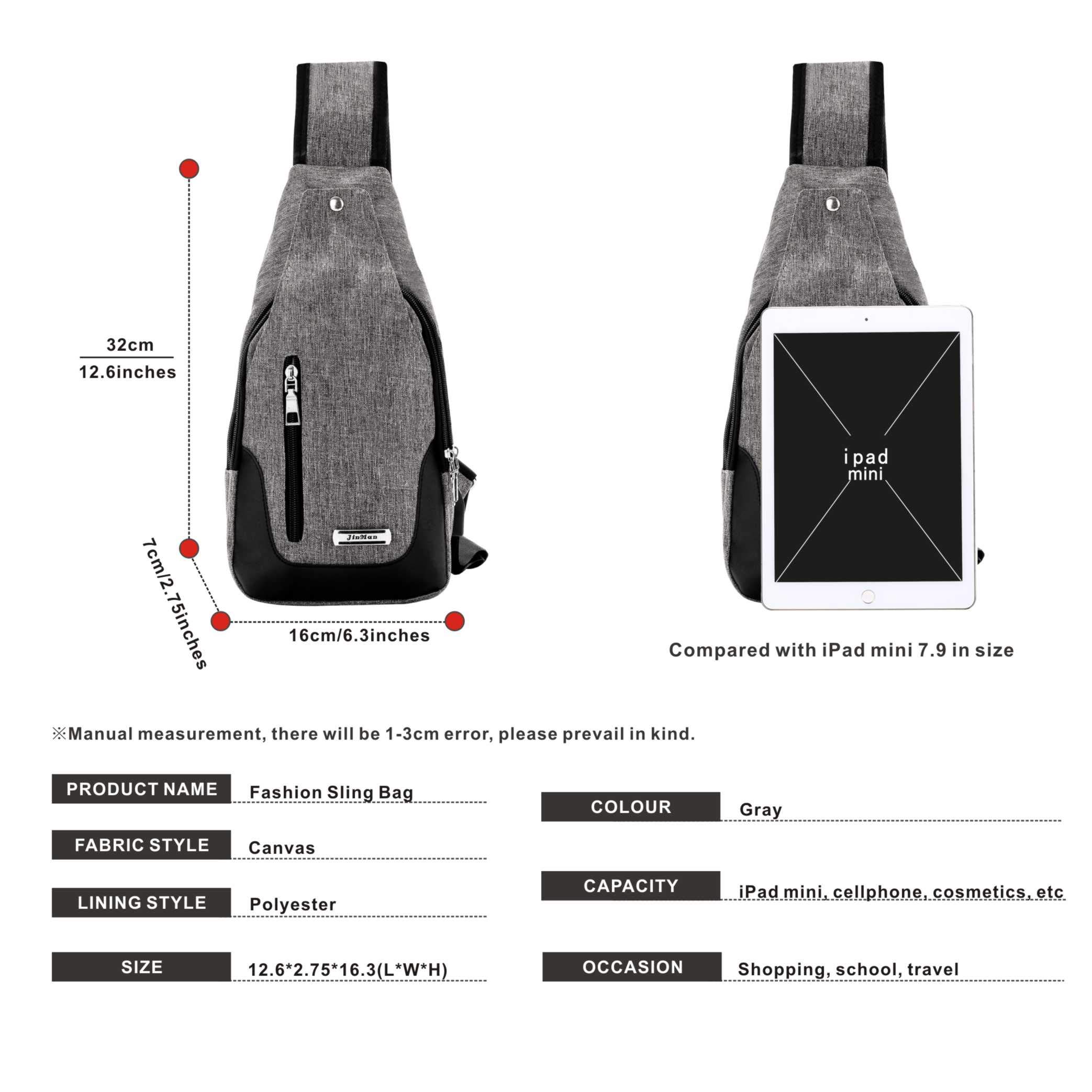 DOUN Lightweight Casual Canvas Unbalance Backpack Crossbody Sling Shoulder Bag Chest Bag with USB Charging Port for Men Women