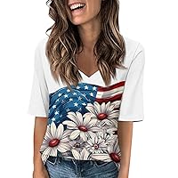 American Flag 4Th of July 2024 Patriotic Star and Stripes V Neck Short Sleeve T-Shirts Tops for Women