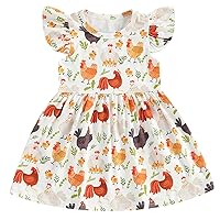 Toddler Baby Girls Farm Outfit Rustic Chicken Print Twirly Dress Ruffle Flutter Sleeve Chick A-Line Dress