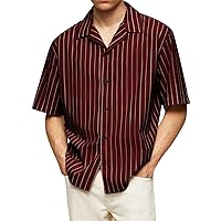 Mens Casual Striped Shirt Loose Fit Stylish Button Up Beach Shirt Short Sleeve Baggy Style Breathable Tee