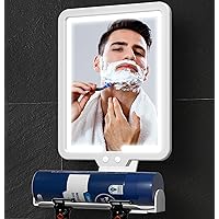 Lighted Shower Mirror Fogless for Shaving, Heated Fog Free Large 9.5*8inch 3 Color Modes Dimming Shower Shaving Mirror with Light, Rechargeable Anti-Fog Shower Mirror with Storage Tray & Razor Holders