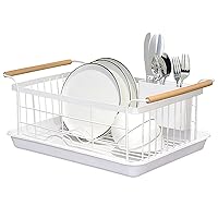 BRIAN & DANY Kitchen Dish Drainer, Large Drying Rack with Full-Mesh Storage Basket, Wooden Handle, Removable Plastic Cutlery Tray, 18.8
