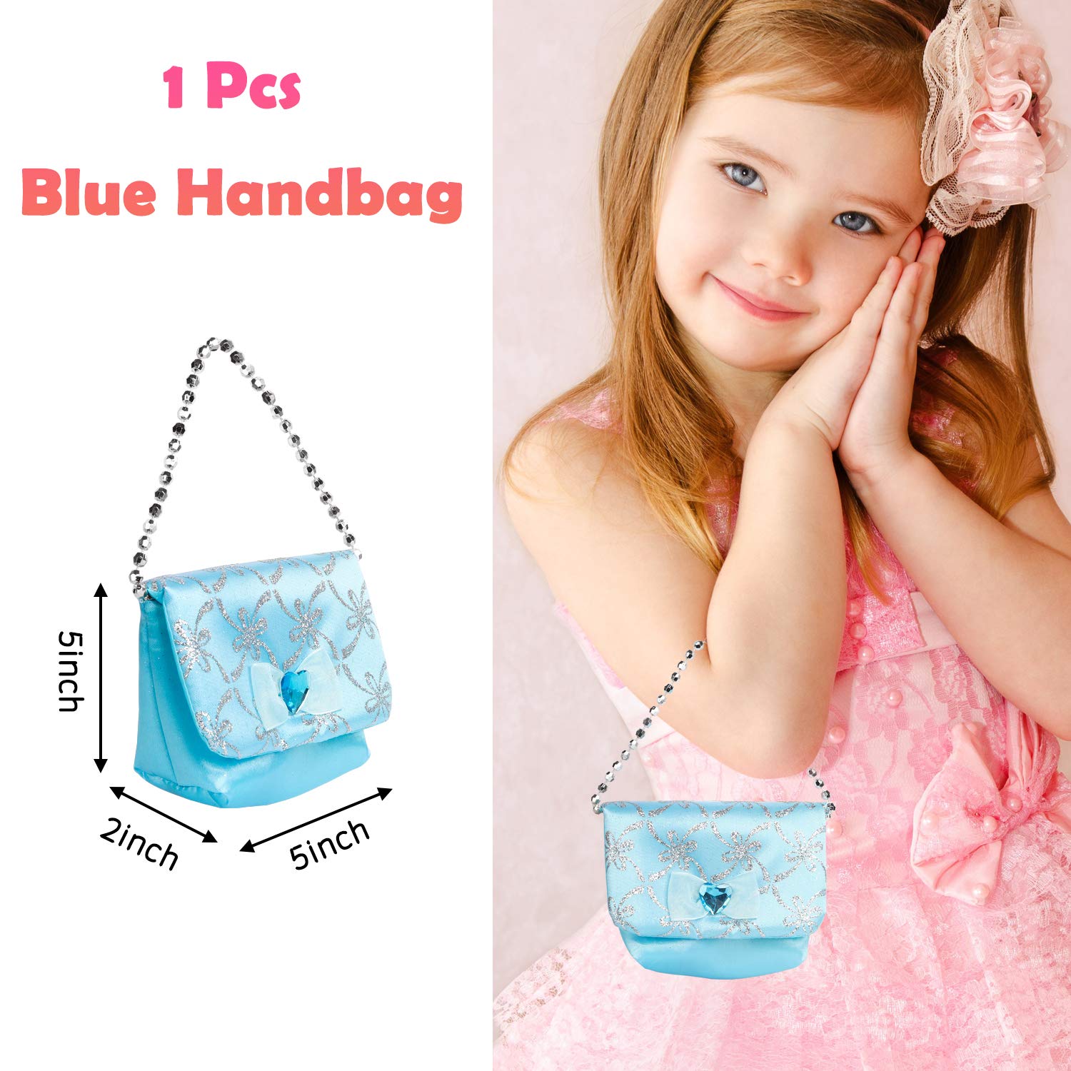 WATINC 42Pcs Princess Pretend Jewelry Toy Girl’s Jewelry Dress Up Play Set Included Blue Shiny Handbag Necklaces Adjustable Diamond Rings Bracelets for Little Girls Simulation Toy