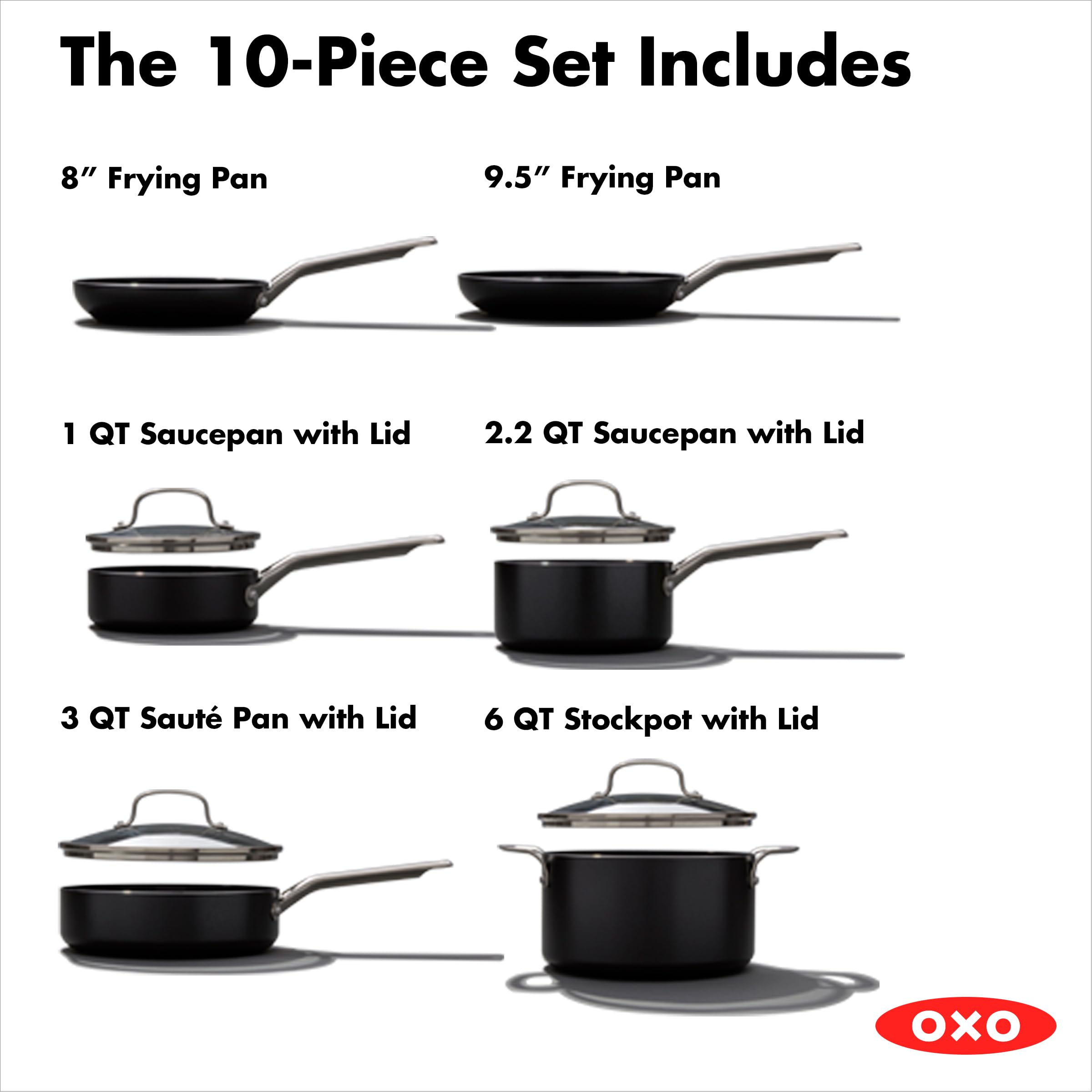 OXO Agility Series 10 Piece Cookware Pots & Pans Set, PFAS-Free Nonstick, Induction Suitable, Quick Even Heating, Stainless Steel Handles, Chip-Free Rims, Dishwasher & Oven Safe Pots and Pans, Black