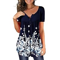 Womens Tops Hide Belly Tunic 2024 Summer T Shirt Printed Short Sleeves Casual Dressy Blouses Button O-Neck Henley Shirt