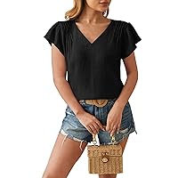 Women's Tops Fashionable V Neck Solid Color Petal Short Sleeved T-Shirt Top Summer, S-2XL