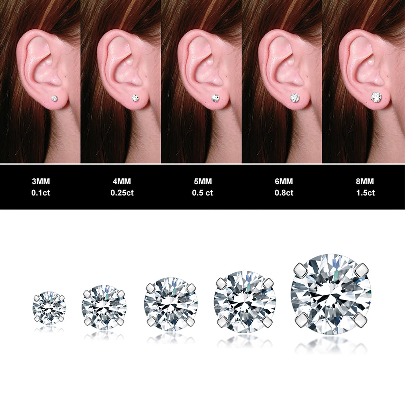 5 Pairs Stud Earrings Set, Hypoallergenic Cubic Zirconia 316L Earrings Stainless Steel CZ Earrings 3-8mm, Rose Gold