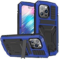 iPhone 14 Pro Max Metal Bumper Silicone Case iPhone 14 Pro Max Case with Stand Built-in Screen Protector Gorilla Glass Hybrid Military Shockproof Heavy Duty Rugged Full Cover Outdoor (Blue)