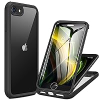 Miracase iPhone SE Case 2020 2022/ iPhone 8 Case, Full-Body Glass Back with Built-in Glass Screen Protector, Rugged iPhone SE Phone Case 3rd Generation/ 2nd Gen, Clear Hard Cover Bumper for SE, Black
