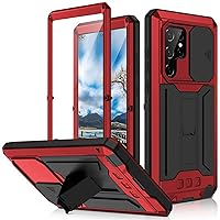 Case for Samsung Galaxy S22 Ultra, Military Grade Shockproof Dust-Proof Waterproof Anti-Fingerprint Metal Case with Kickstand and Slide Camera Case,Red