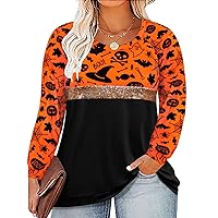 RITERA Plus Size Tops for Women Long Sleeve Colorblock Shirts Casual O Neck Tees Orange Halloween 3XL