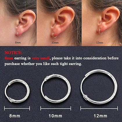 Sterling Silver Hoop Earrings for Women Men Girls, Hypoallergenic Cartilage Earring Endless Small Hoop Earrings Set, 3 Pairs Tragus Earrings (8mm/10mm/12mm)