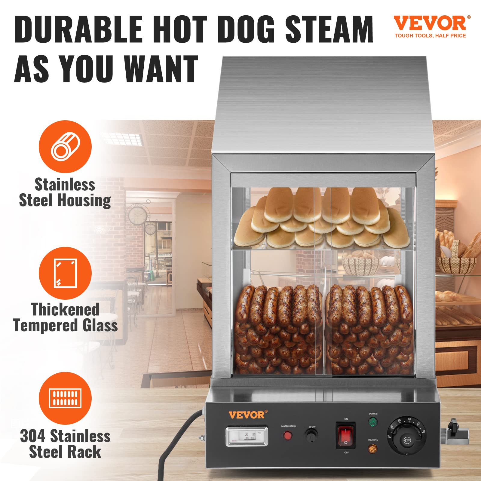 VEVOR New Model hot Dog Steamer, 36 L, Silver